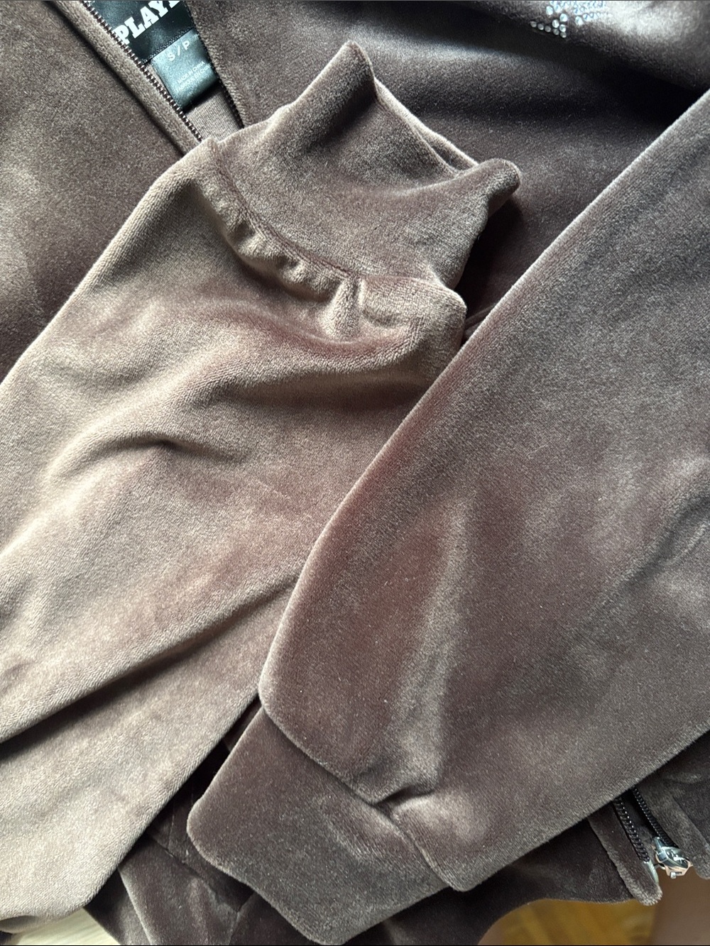 PLAYBOY Brown Velour Top with Rhinestone Script Logo - Picture 9 of 13